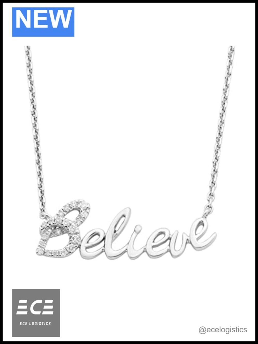 Sterling Silver Diamond Believe Necklace 18in Chain with 2in Extender